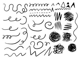 Set of doodle wavy line loop. Abstract curved scribble. Hand-drawn circle. Sketch elements. Vector illustration