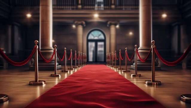 A red carpet is laid out in a long hallway with red barriers