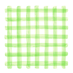 Grass green watercolor plaid illustration. Buffalo check, checked, chequered geometrical square background, watercolour stains. Hand brush drawn doodle style transparent crossing wide stripes texture.