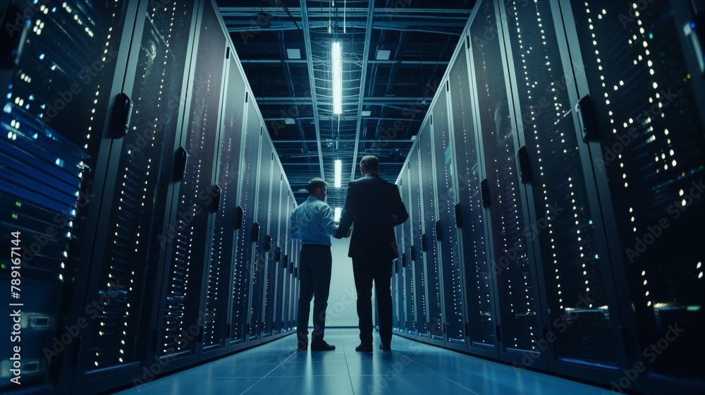 Poster Two male IoT specialists in the data center work as a team, collaborating to improve network protocols and develop information security strategies.