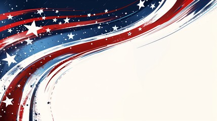4th of July Independence Day banner copy space for text. Sweeping American Flag Motif with Stars Over Swirling Abstract Stripes Ideal for Independence Day Celebrations, Patriotic Events. - obrazy, fototapety, plakaty