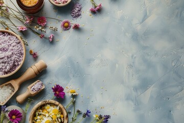 An assortment of herbal bath salts, fresh flowers, and essential oils laid out