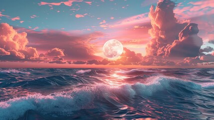 Panorama view of the sea. Colorful sky with cloud and bright full moon on seascape to night Generative AI