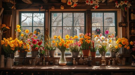 Fototapeta na wymiar A window sill adorned with an arrangement of flowers and two vases filled with blooms