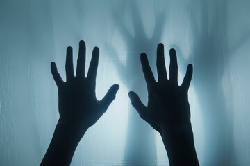 Multiple hands in silhouette reach upwards, casting shadows on a textured surface illuminated from behind.