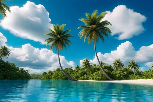 Background tropical nature landscape with two palm trees on amazing blue sky with clouds, fantastic wallpaper. Concept of summer vacation and business travel. Beauty in tropic climate. Copy text space