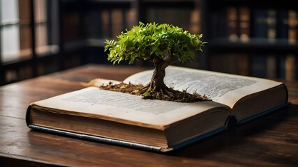 World philosophy day concept with tree of knowledge planting on opening old big book in library full of textbook.