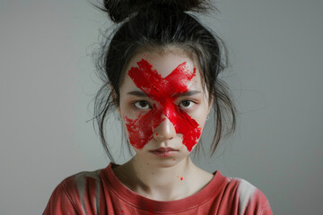 A woman with a red cross painted on her face, a rejection