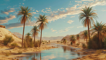 A desert oasis with palm trees.