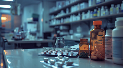Pharmacy Shelf with Medication, Healthcare Focus