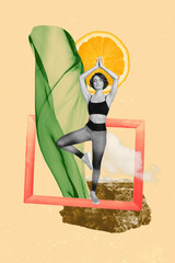 Creative trend collage of young female meditate yoga sportswoman frame orange clothes asana athlete...