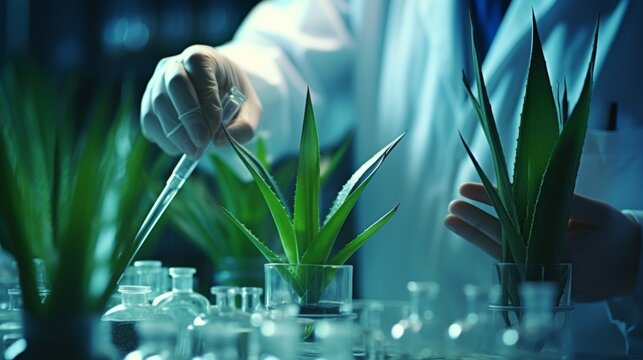 Research scientist is doing experiment with aloe vera in lab.