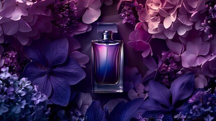 Alluring Perfume Bottle with Soft Purple Floral Arrangement