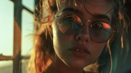 Golden Hour Glow, Young Woman with Sunglasses