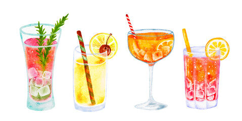 Watercolor set summer drink, tropical cocktails cut out from background. Hand drawn not AI