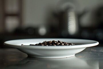 White plate with coffee beans, shallow dof .