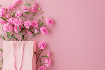 Cfragistics pink paper shopping bag mockup with carnations on colored background for Mother's Day concept flat lay, top view, copy space. Greeting card template for gift and presentation design. Banne