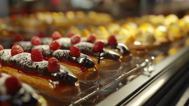 A display of pastries with raspberries on top