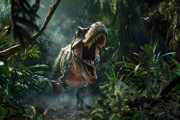 Tyrannosaurus Rex in Urwald mit weit aufgerissenem Maul, Dinosaurier, Urzeit, erstellt mit generativer KI
