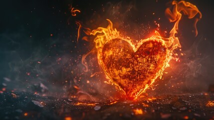 A beautiful heart of fire and flame. Passion. The flame is a symbol of love. A searing fire in the shape of a heart. - obrazy, fototapety, plakaty