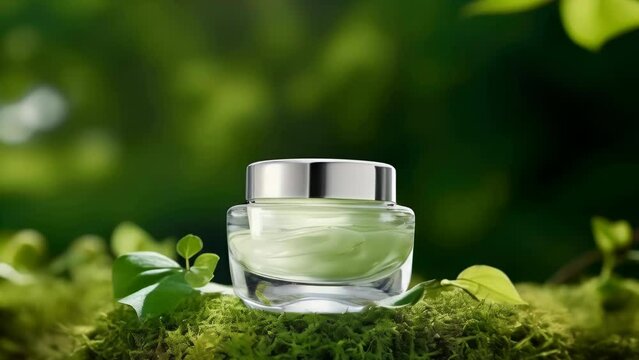 A small jar of green cream sits on a mossy patch of grass