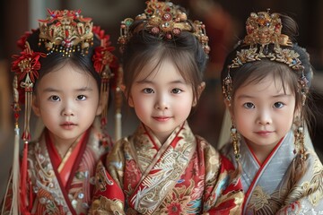 Cute three Asian girls in traditional clothes, children's fashion