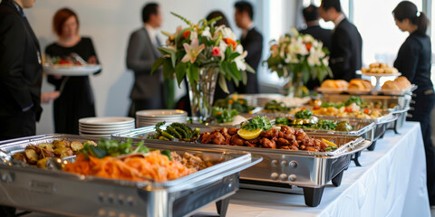Obraz premium a people stand around an elegant indoor table with many food and various dishes like grilled meat and fresh vegetables., Buffet service for any festive event, party or wedding reception