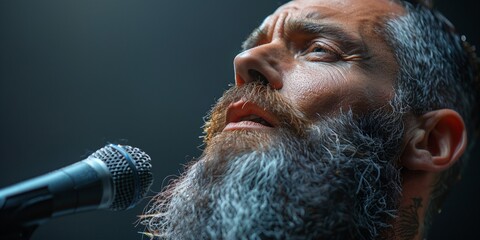 In a captivating portrait, a mature, bearded singer takes the stage, embodying the essence of music.