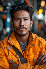 Fototapeta premium A confident, handsome mechanic poses in a professional portrait against an automotive garage backdrop.