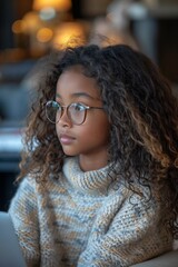 An attractive and charming preteen black student gazes thoughtfully with a laptop.