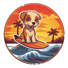 A cute dog sitting on an surfboard in the ocean with palm trees and waves, Sticker design