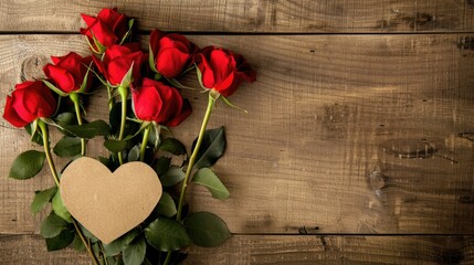 Naklejka na ściany i meble A lovely brown greeting card featuring a heart shape and a bouquet of red roses displayed on a wooden background perfect for Valentine s Day