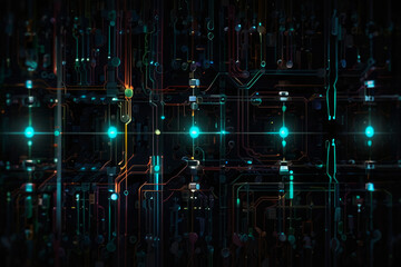 A minimalist circuit board pattern against a dark background, with glowing nodes representing data flow