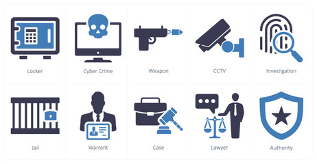 A set of 10 justice icons as locker, cyber crime, weapon