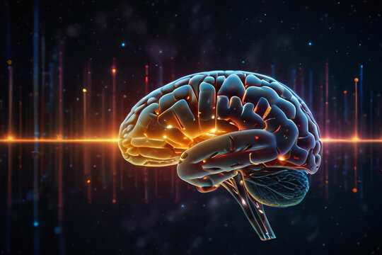 A digital brain network pulsating with data against a cosmic backdrop