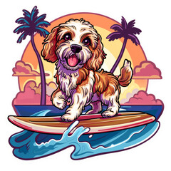 A cute happy dog on a surfboard in the ocean with palm trees and a sunset, Sticker design