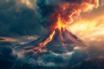 Volcano eruption spiting molten lava and ash clouds over a mountain, photo collage . - obrazy, fototapety, plakaty