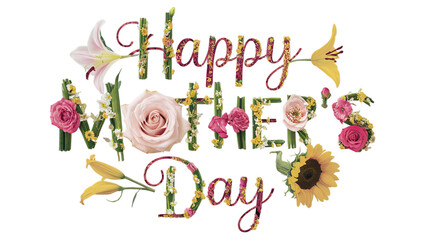 Happy Mother's day, text, written with flowers, isolated on transparent, PNG, background