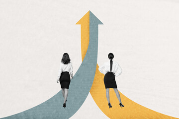 Collage standing two businesswomen colleagues path success achievement arrow rise up growth self...