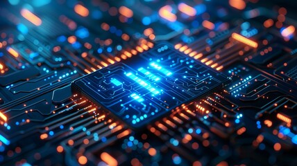 Obraz premium An illustration on the topic of modern technology. Microchips or a motherboard. Technological background in neon colors