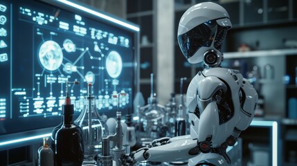 An advanced robot is working in a biochemistry research lab