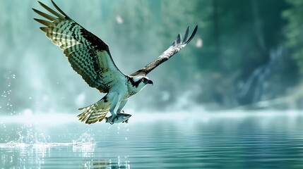A majestic osprey clutching a fish in its talons, soaring over a crystal-clear lake - obrazy, fototapety, plakaty
