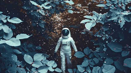 An astronaut among plants and flowers