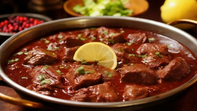 A bowl of meat with a lemon slice on top