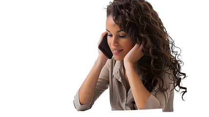 Charming female listening to a call isolated on transparent background, PNG, Ai