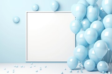 3d render of blank white frame with blue balloons on blue background