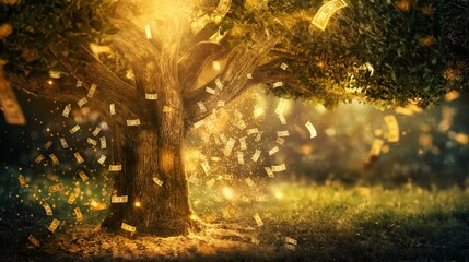 Obraz premium creating an illusion of dollar bills scattered amidst the trees. The warm light adds a touch of magic to the autumn landscape, blending the beauty of nature with the allure of wealth