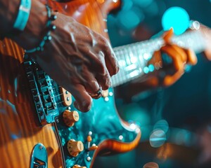 A close up of a person playing an electric guitar with blue lights in the background. - obrazy, fototapety, plakaty