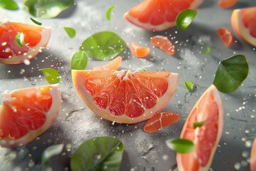 Fresh grapefruit slices on grey backdrop, surrounded by green leaves