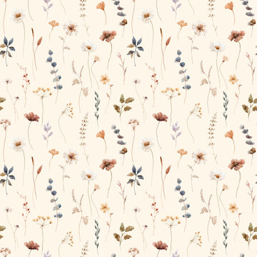 Beautiful floral seamless pattern with hand drawn watercolor autumn fall colors flowers. Stock floral illustration.